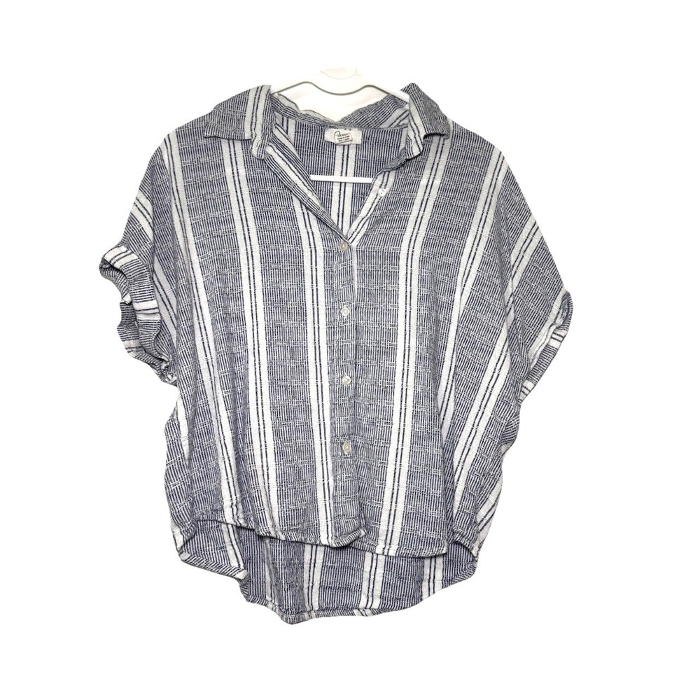 JAPNA Blouse L Blue White Striped Button Down Short Sleeve Coastal Summer Top